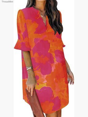 V Neck Ruffle Short Sleeve Casual Shift Dress Loose Fit